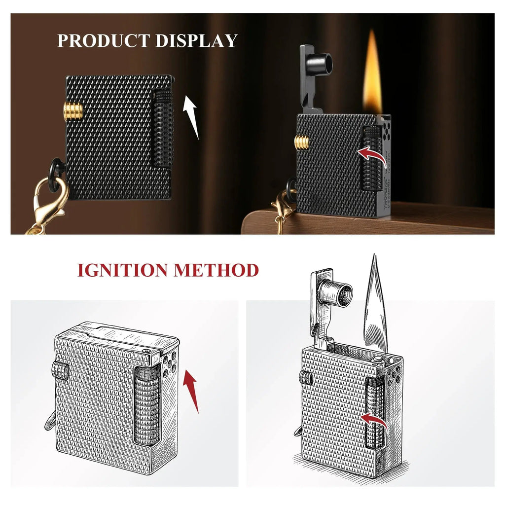 Product display and ignition guide for the Thorens Mini Cube Black Mesh lighter, showing the closed form, the lighter open with flame, and illustrated views of the lid opening and side-wheel ignition method