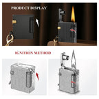 Product display and ignition guide for the Thorens Mini Cube Black Mesh lighter, showing the closed form, the lighter open with flame, and illustrated views of the lid opening and side-wheel ignition method