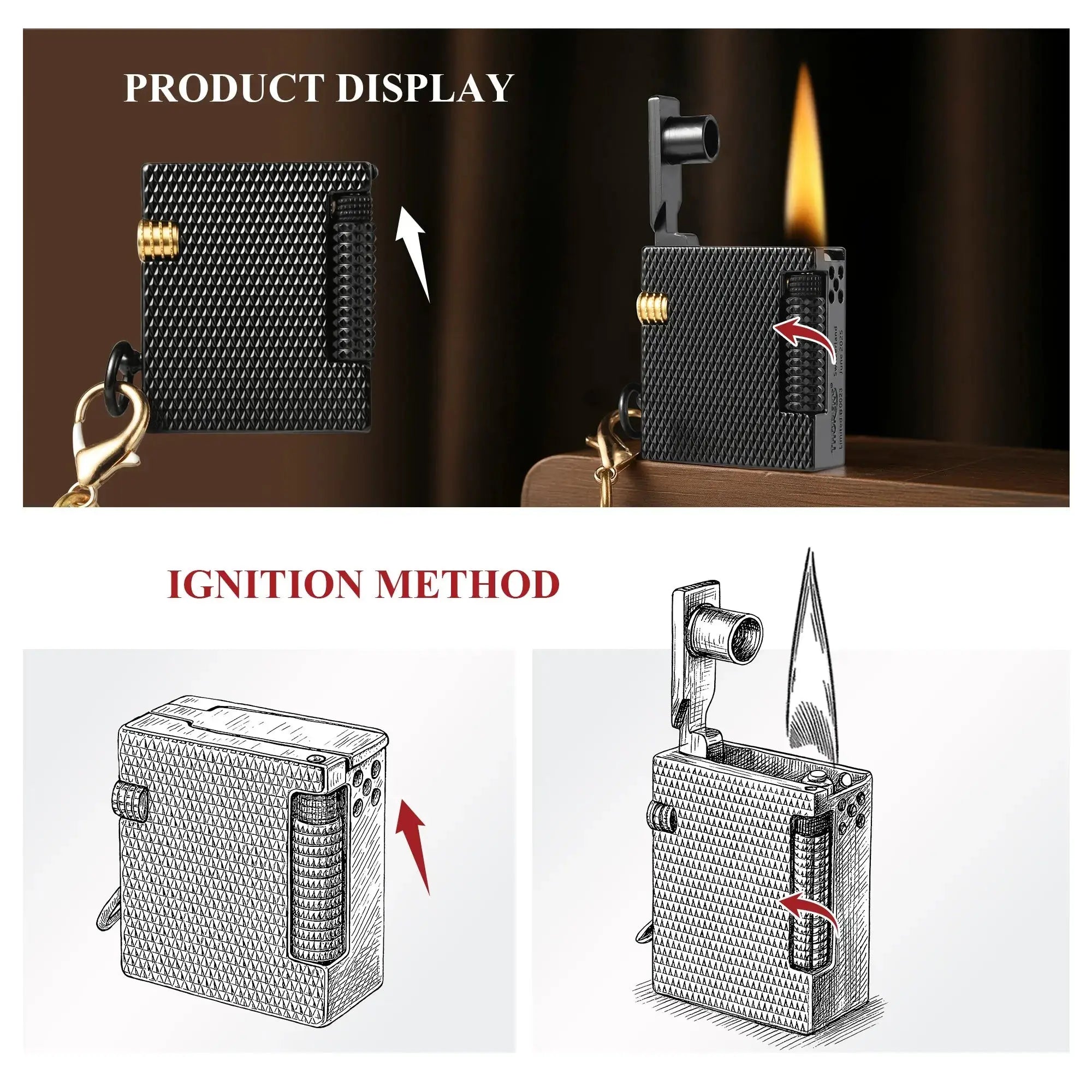 Product display and ignition guide for the Thorens Mini Cube Black Mesh lighter, showing the closed form, the lighter open with flame, and illustrated views of the lid opening and side-wheel ignition method
