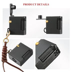 Product detail collage of the Thorens Mini Cube Black Mesh lighter, showing the open lid position, side ignition structure, angled body view, textured black mesh surface, and compact mechanical form