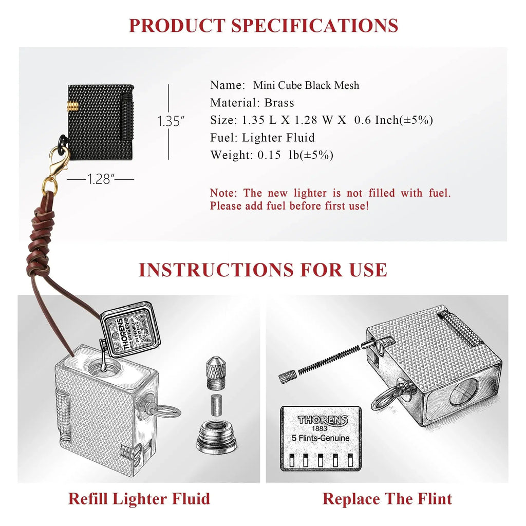 Product specifications and use guide for the Thorens Mini Cube Black Mesh lighter, showing dimensions, brass construction, lighter fluid refill instructions, and flint replacement steps