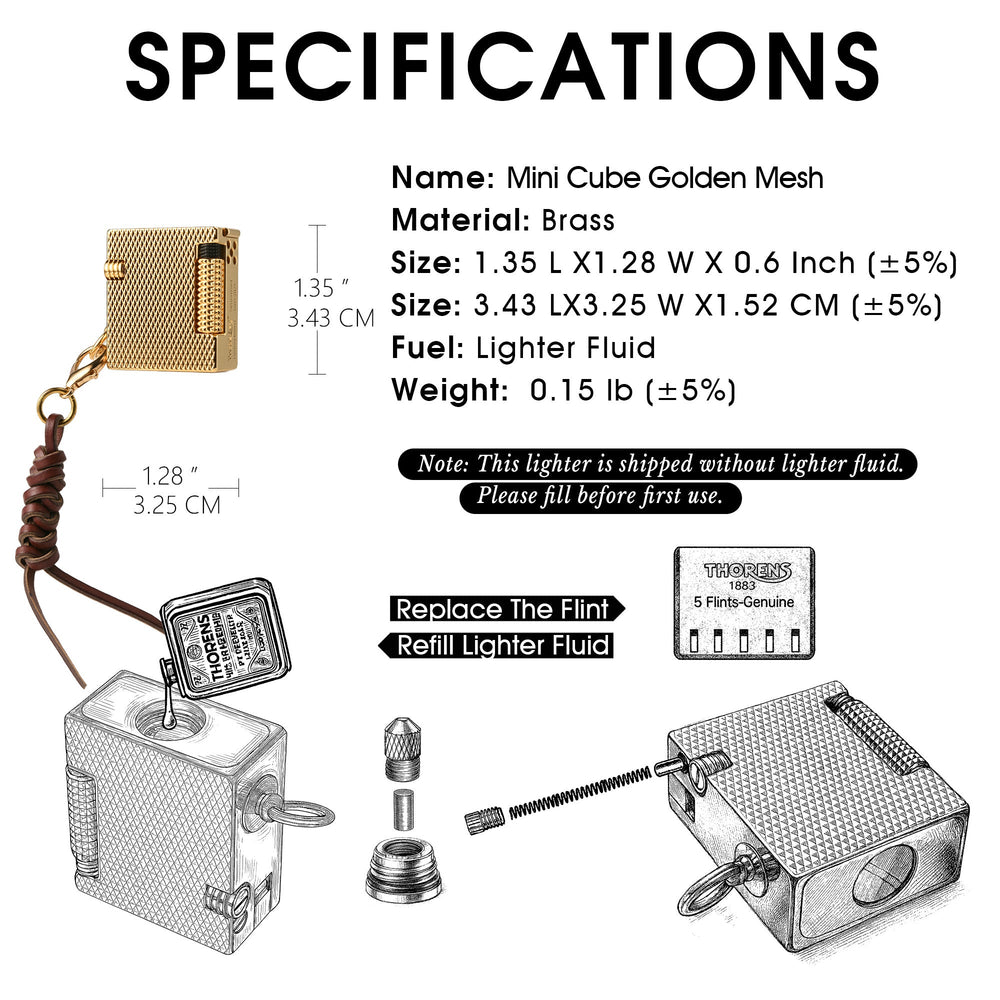Product specifications and use guide for the Thorens Mini Cube Golden Mesh lighter, showing dimensions, brass construction, lighter fluid refill instructions, and flint replacement steps