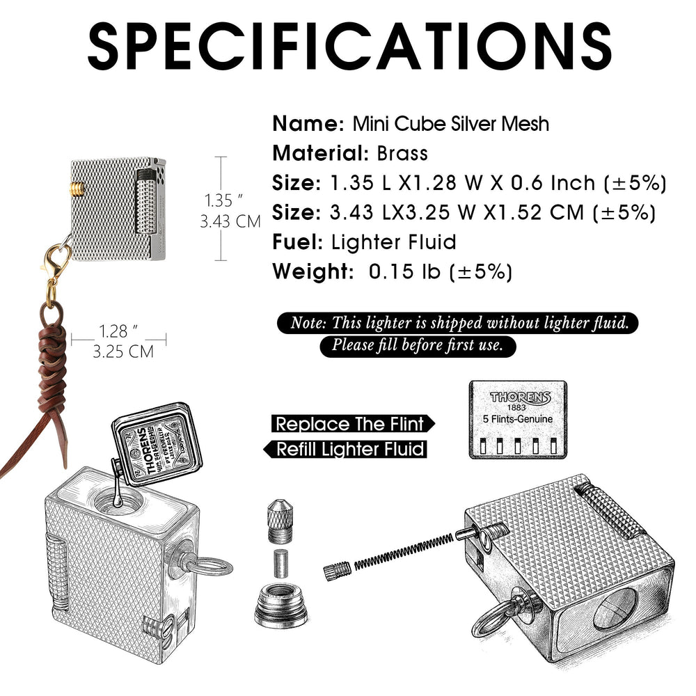 Product specifications and use guide for the Thorens Mini Cube Silver Mesh lighter, showing dimensions, brass construction, lighter fluid refill instructions, and flint replacement steps