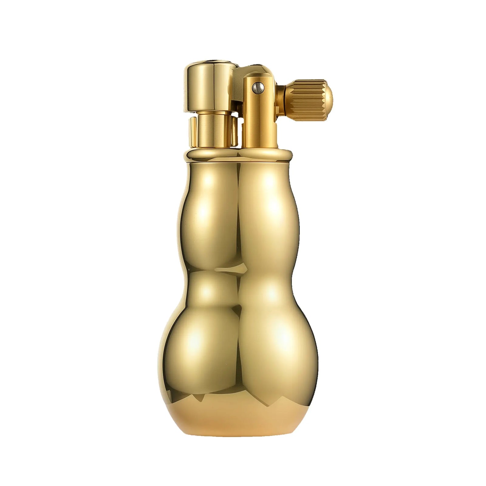 A Mini Gourd lighter featuring a high-polish brass body in a traditional gourd shape, complete with a mechanical flint ignition and a knurled side wheel.