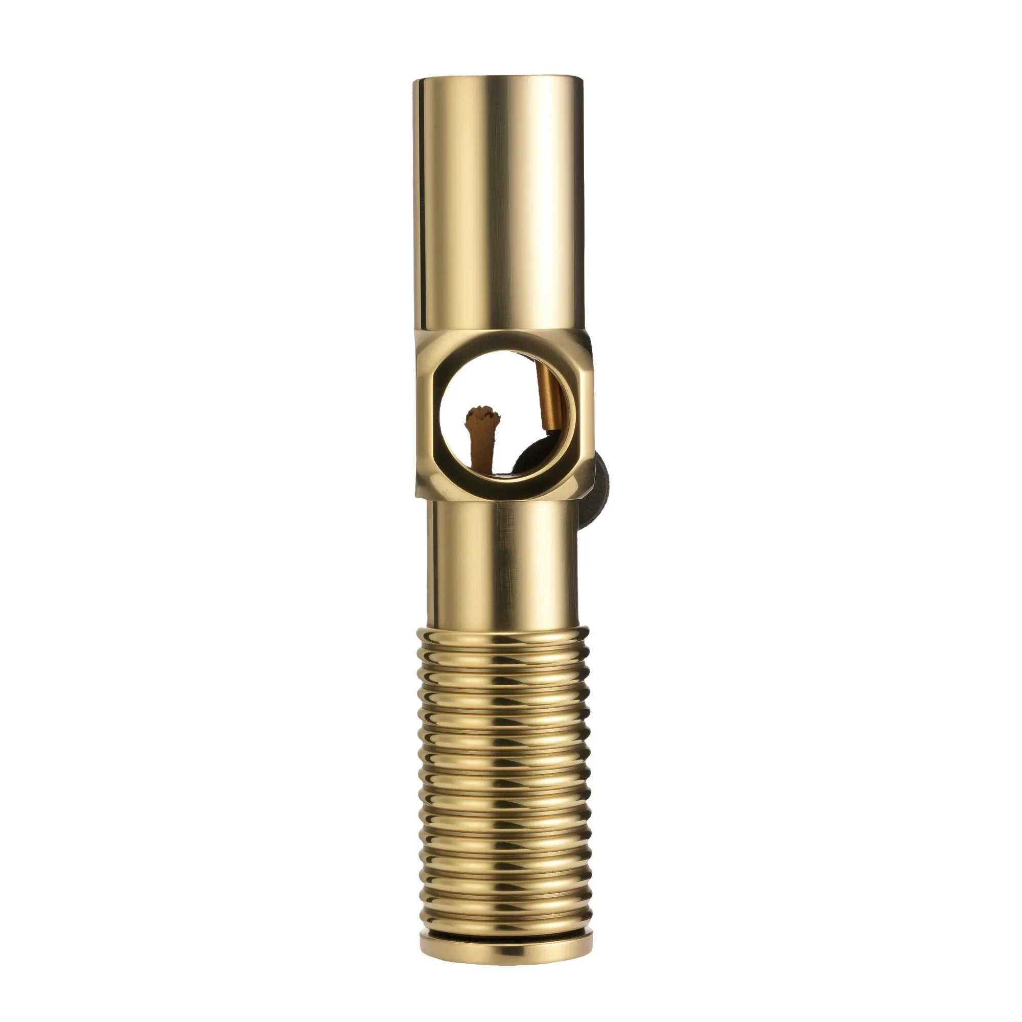 A front-facing vertical view of the Big Screw Trench Lighter in polished brass, highlighting the circular ignition chamber, central wick, and industrial threaded base against a solid white background.