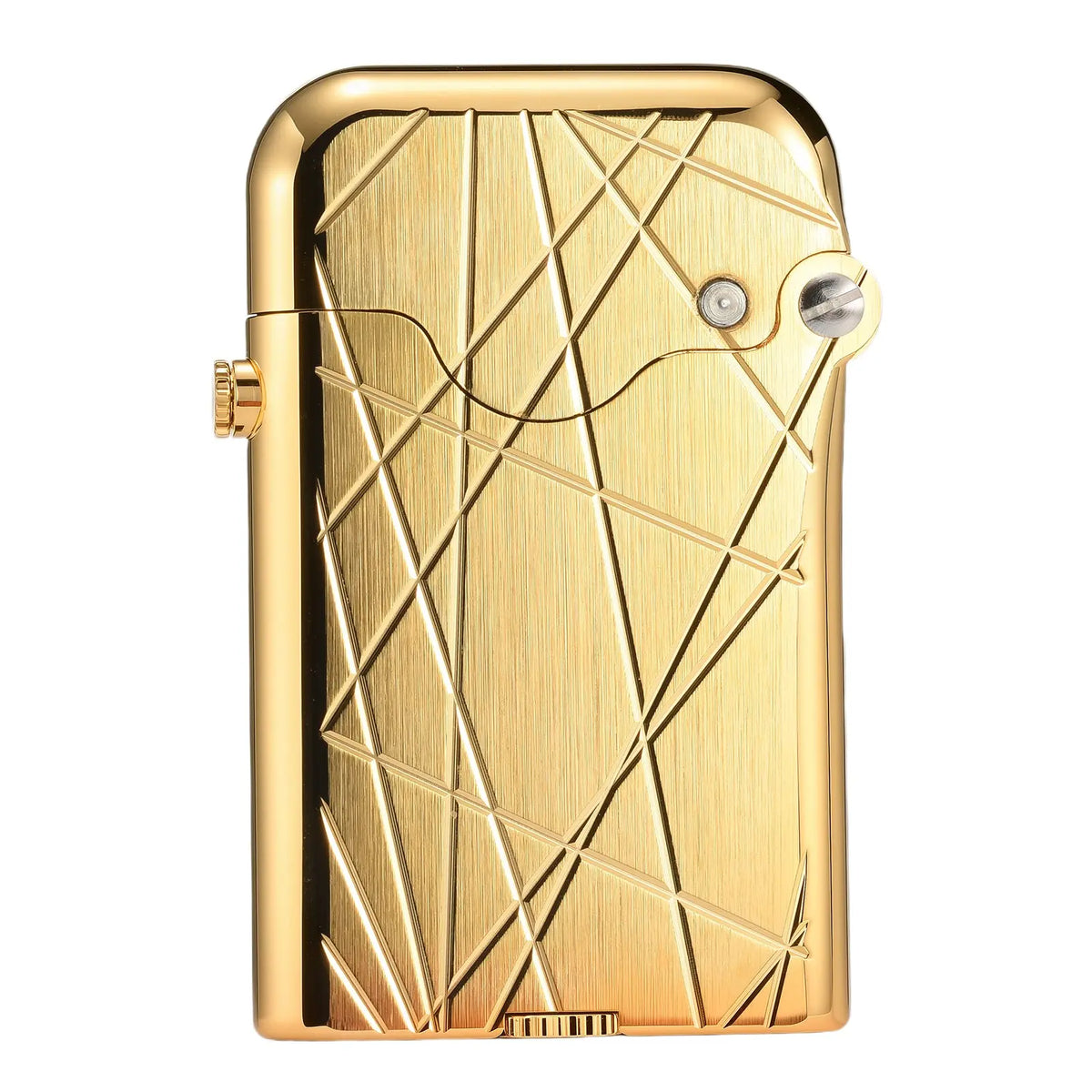 A Thorens Gen 3 mechanical lighter in a polished gold finish, featuring an engraved "Modern Grid" pattern of intersecting diagonal lines and the signature single-claw automatic ignition arm.