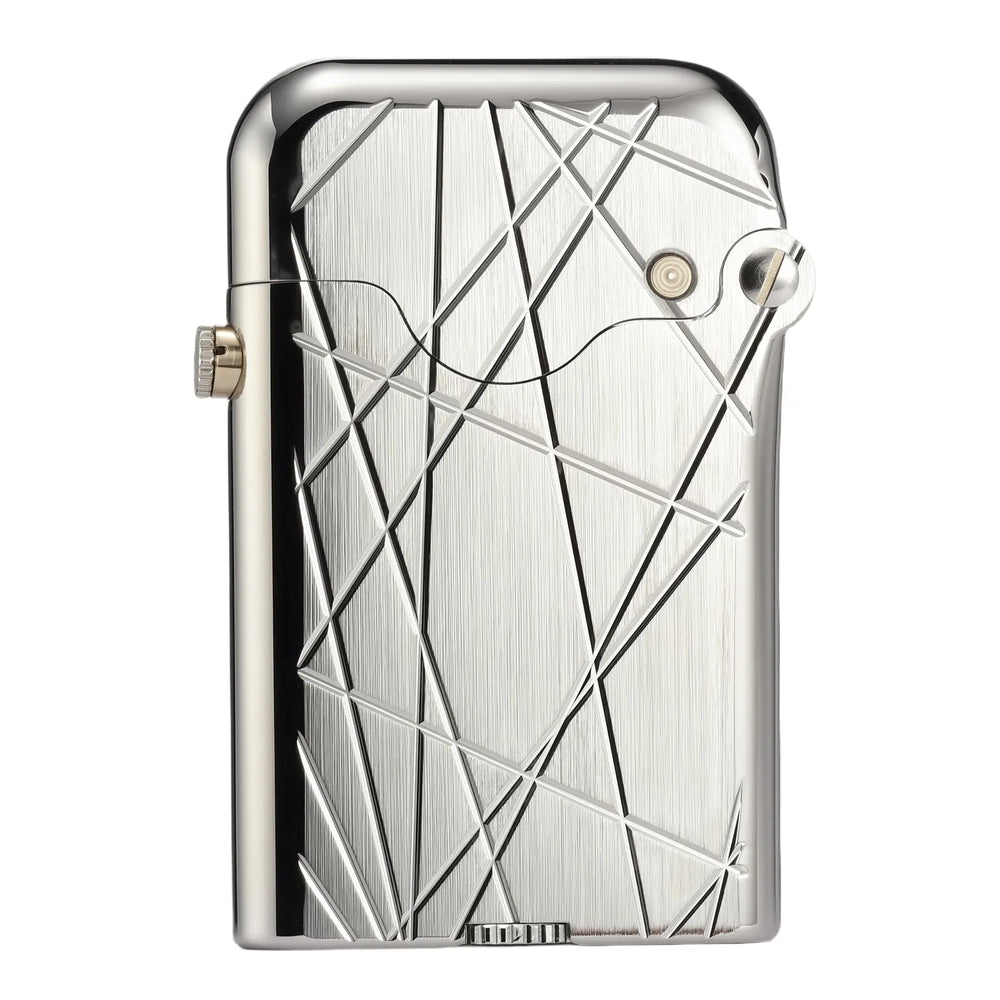 A Thorens Gen 3 mechanical lighter in a polished silver chrome finish, featuring the precision-engraved "Modern Grid" geometric pattern and a single-claw automatic ignition arm.