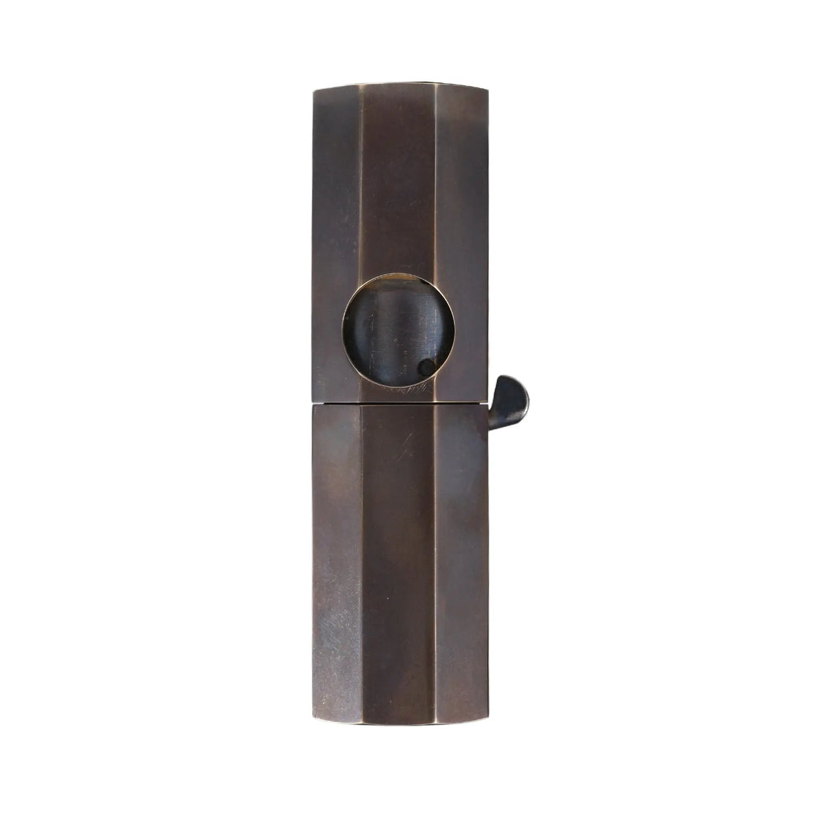 A sleek Octagon Trigger mechanical lighter with a smooth glossy antique brass finish and a unique side-trigger mechanism, embodying refined EDC aesthetics and heritage precision.