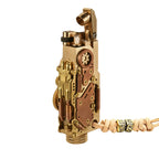 Thorens steampunk mechanical grip grand gear lighter in brass finish shown open on a white background, featuring oversized mechanical detailing, layered brass construction, and a leather lanyard with bead accents