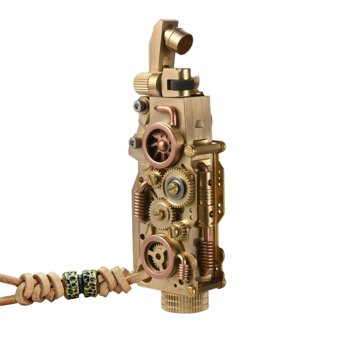 Thorens steampunk mechanical grip lighter in brass finish shown open on a white background, featuring exposed fine gears, layered brass detailing, and a leather lanyard with bead accents