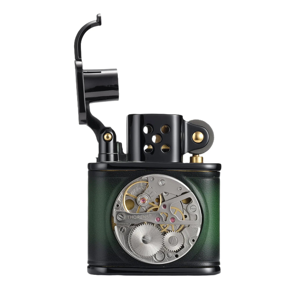 A handmade cowhide lighter with an open flip-top lid, green and black leather body, and visible inlaid mechanical movement.