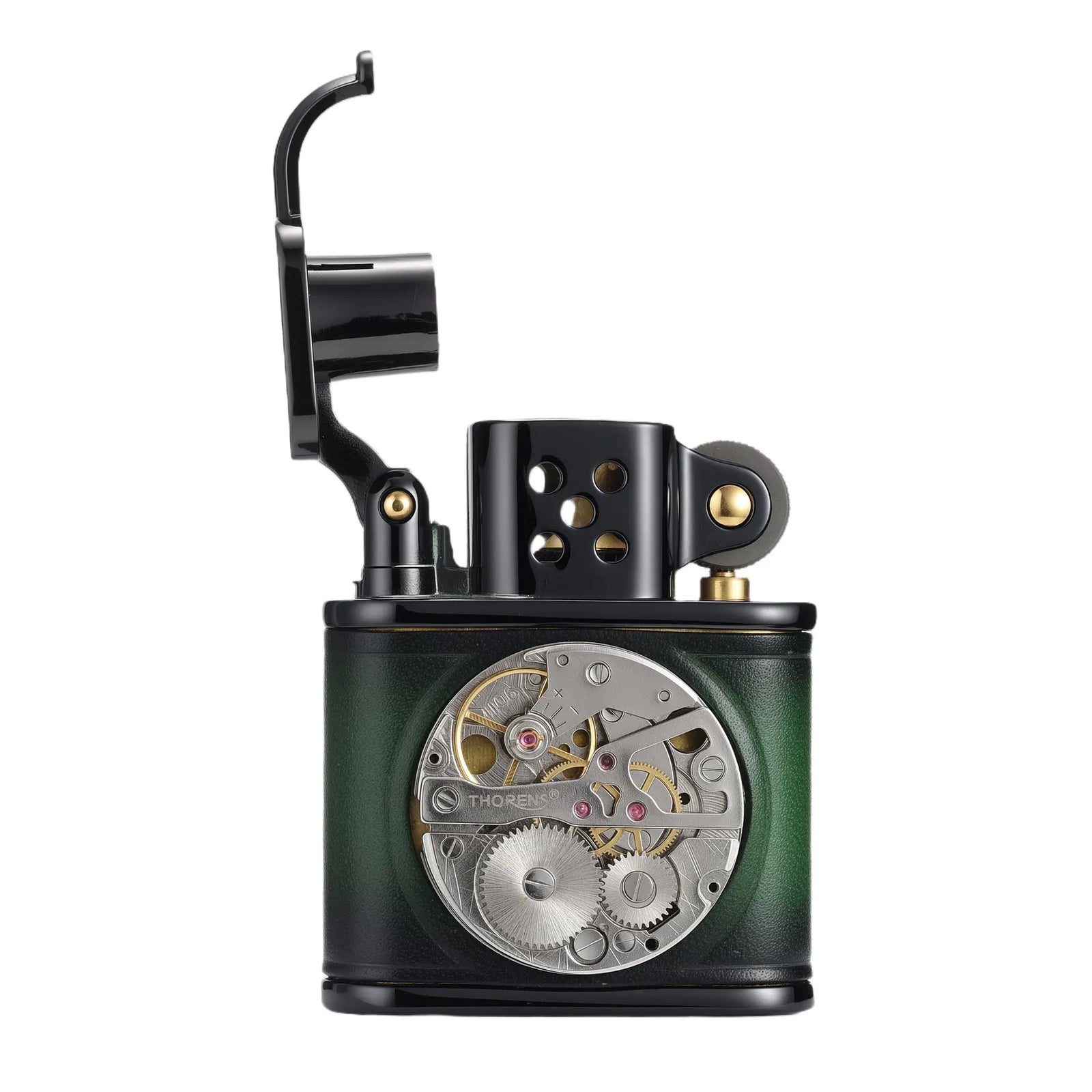 A handmade cowhide lighter with an open flip-top lid, green and black leather body, and visible inlaid mechanical movement.