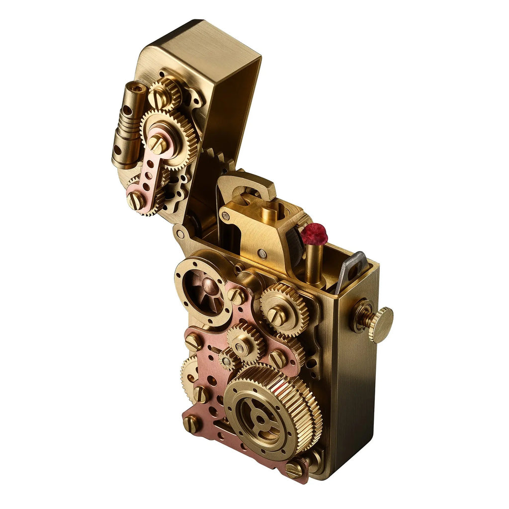 Macro studio shot of an open Thorens steampunk lighter, highlighting the intricate gold and copper gear linkage system and the internal striking mechanism.