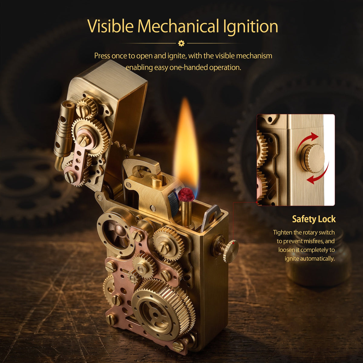 Macro studio shot of an open Thorens steampunk lighter, highlighting the intricate gold and copper gear linkage system and the internal striking mechanism.