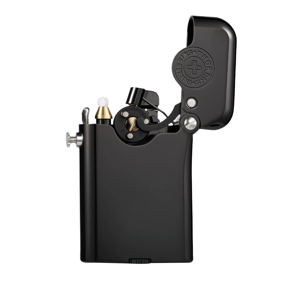 Studio shot of an open Thorens Gen 3 single-claw lighter in glossy black, revealing the intricate internal striking wheel, brass wick housing, and precision-engineered hinge.