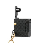 Thorens Mini Cube Black Mesh lighter shown open on a white background, featuring a compact square form, textured black mesh finish, side flint wheel, gold-tone accent, and attached clasp hardware