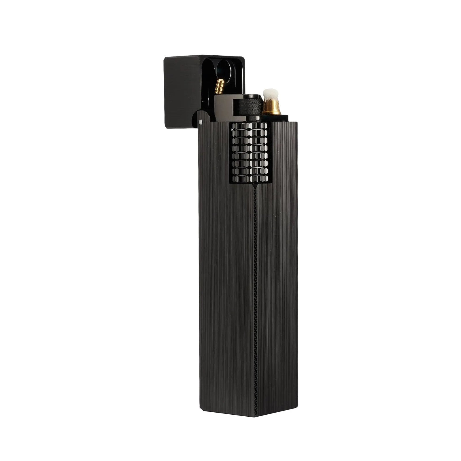 A side-view studio shot of the Side Slip Glossy Black lighter with an open lid, showcasing its vertical-brushed texture and gold-accented ignition mechanism.