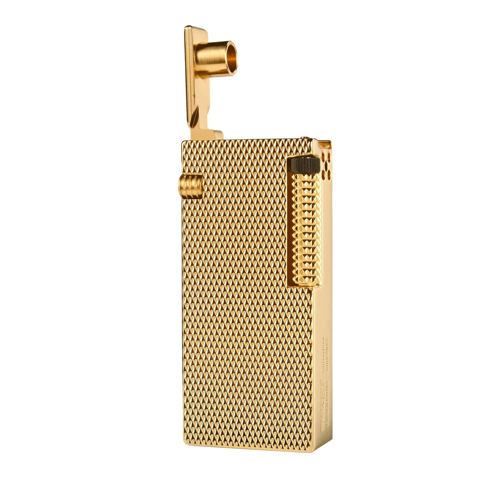 Thorens Slim Cube Golden Mesh lighter shown open on a white background, featuring a slim rectangular form, golden mesh texture, polished gold-tone body, and refined mechanical detailing