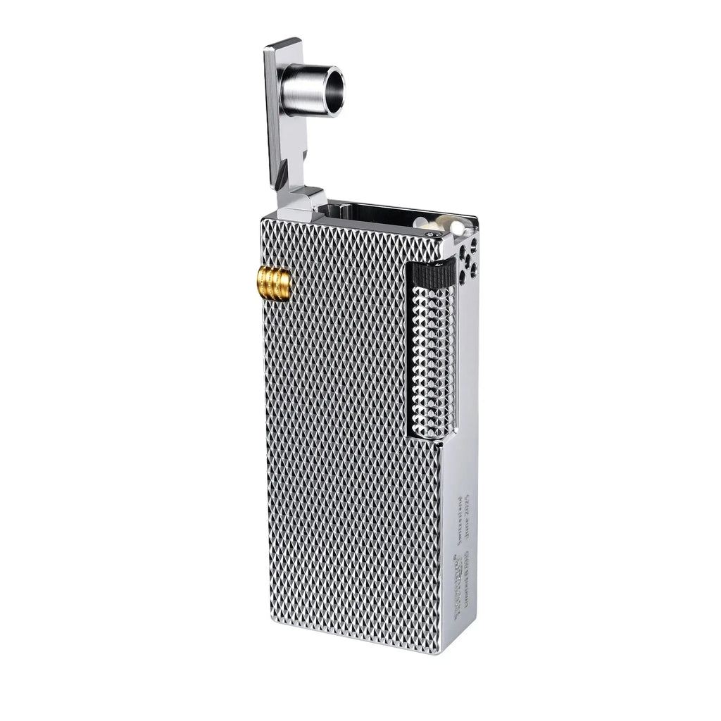 Thorens Slim Cube Silver Mesh lighter shown open on a white background, featuring a slim rectangular form, silver mesh finish, polished silver-tone body, and gold-tone accent detail