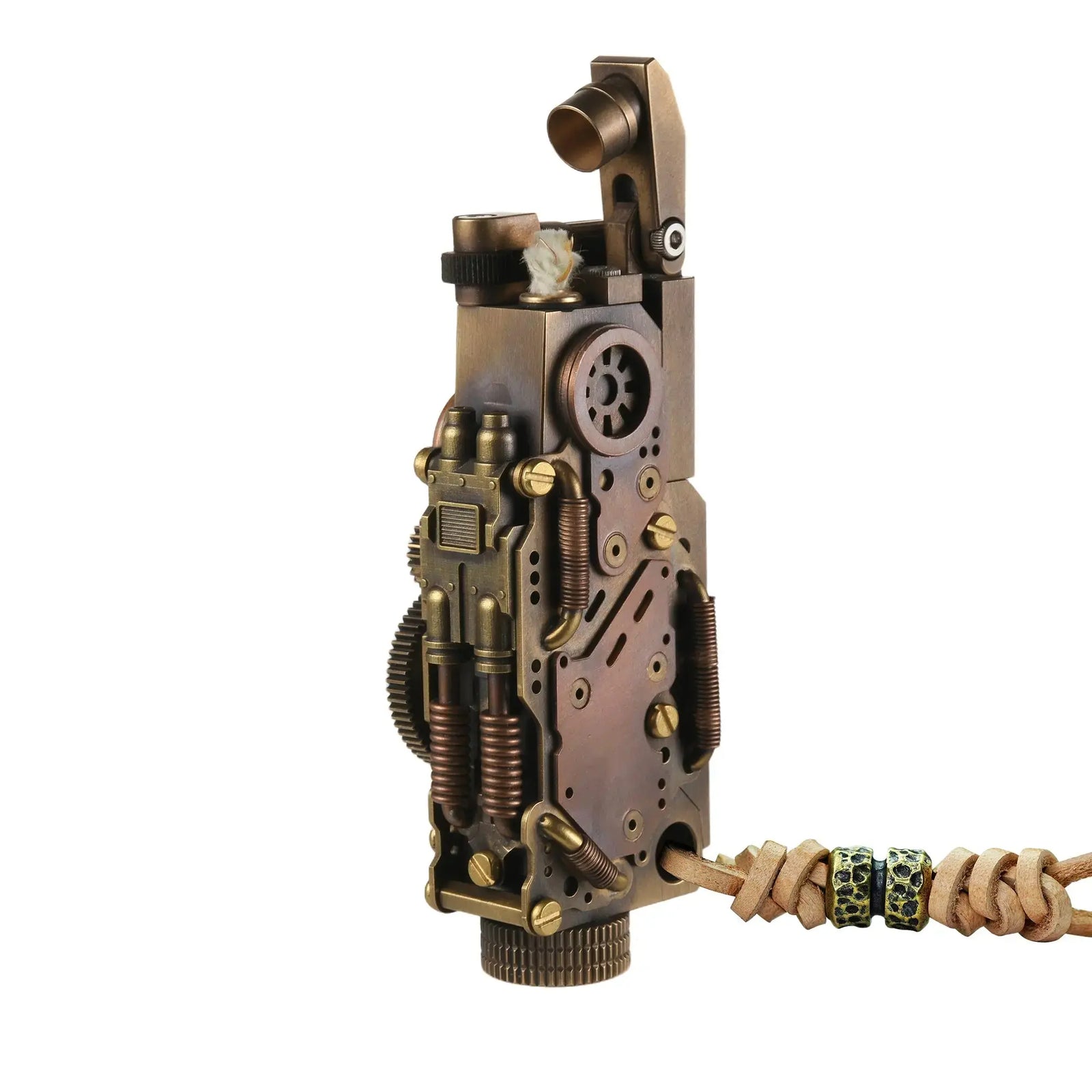 Thorens steampunk mechanical grip grand gear lighter in antique bronze shown open on a white background, featuring oversized mechanical detailing, mixed metal tones, and a leather lanyard with bead accents