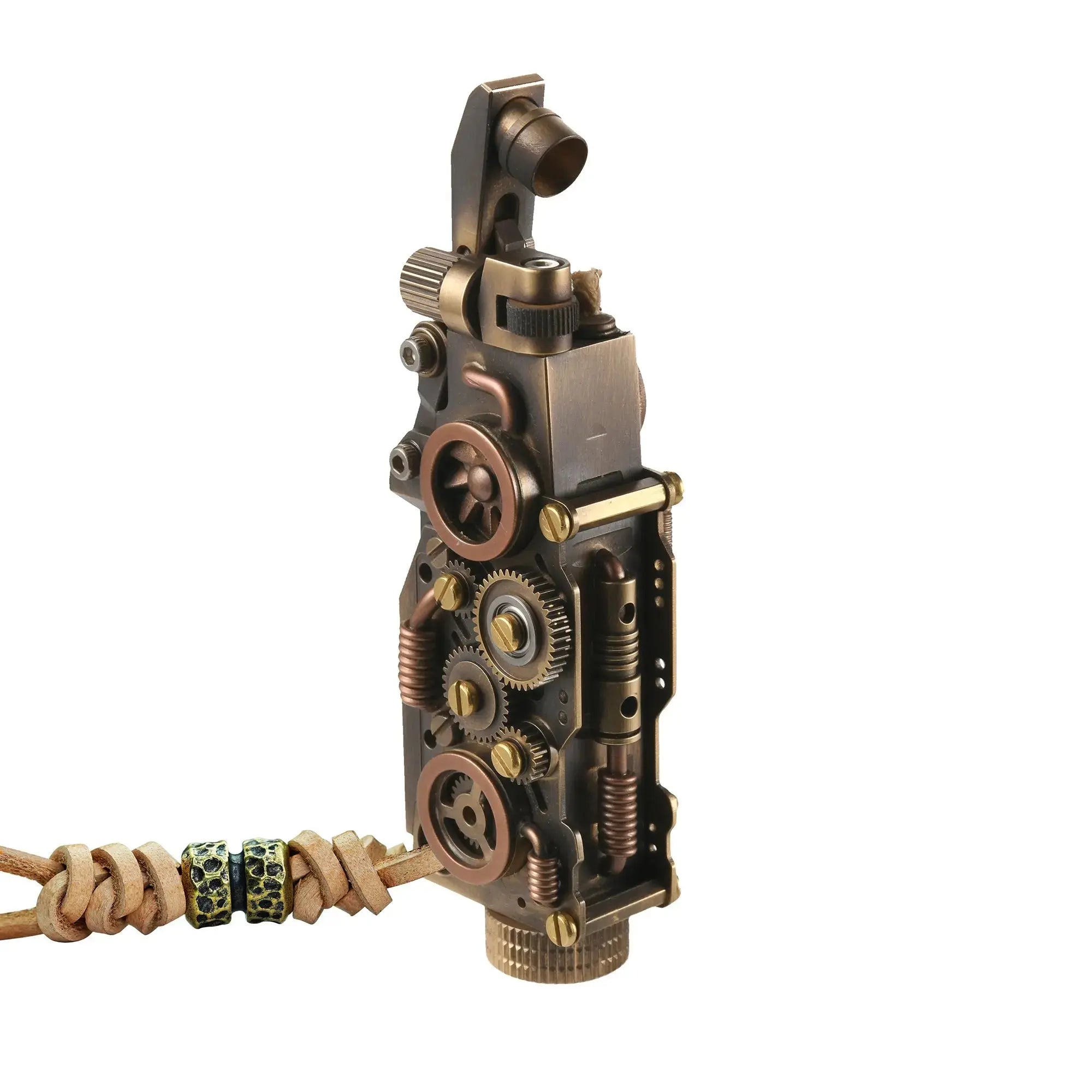 Thorens steampunk mechanical grip lighter in antique bronze shown open on a white background, featuring exposed fine gears, layered mechanical detailing, and a leather lanyard with bead accents
