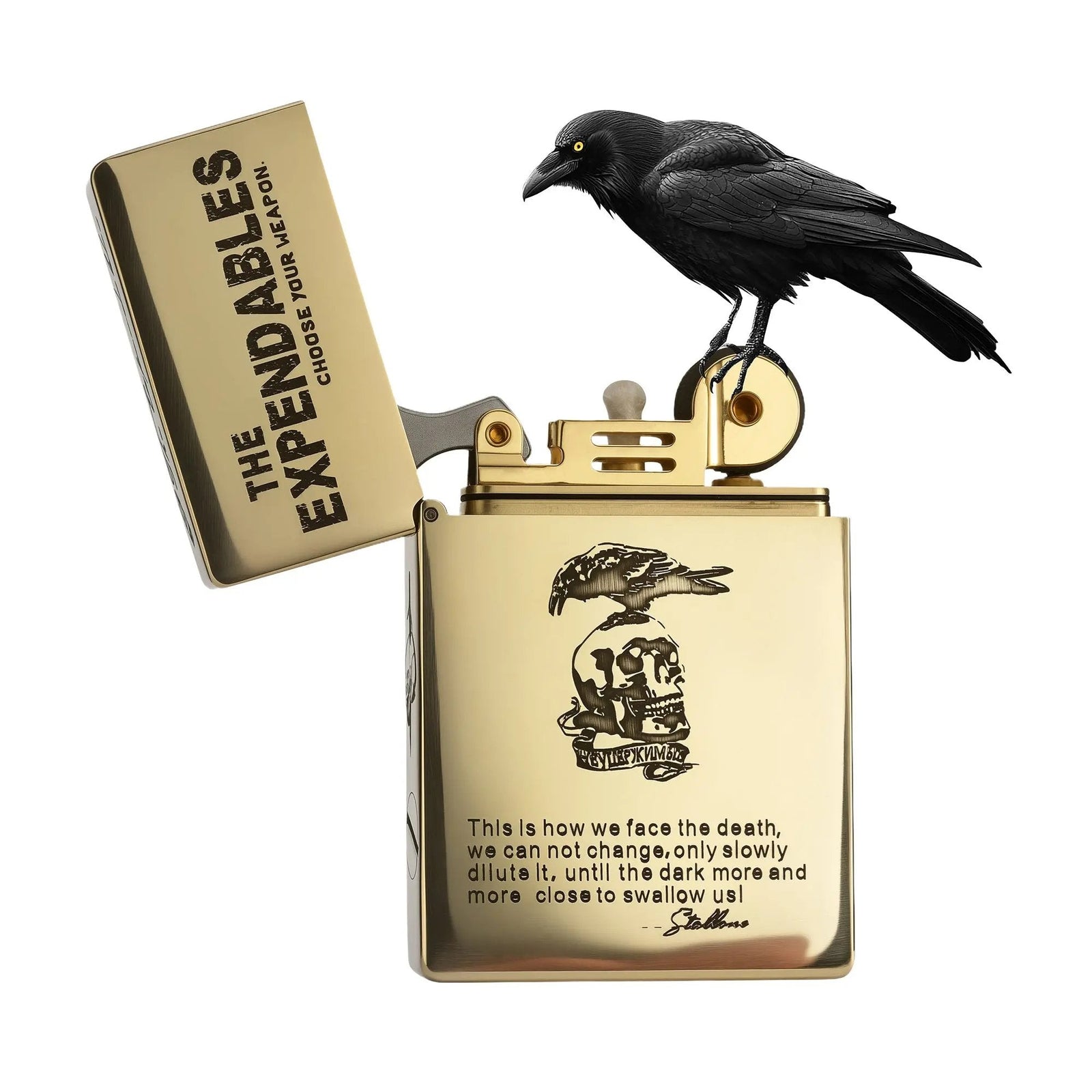 Open Thorens brass lighter featuring THE EXPENDABLES logo and skull etching, with a black crow perched on the ignition wheel.