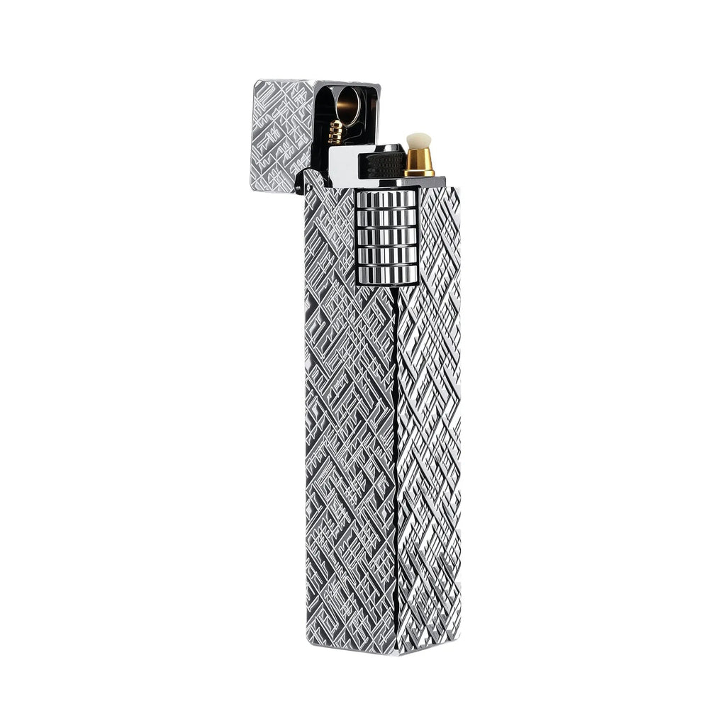 Side Slip Silver Carving Rectangular Lighter with the cap open, showcasing the mechanical ignition, flint wheel, and intricate geometric engravings.