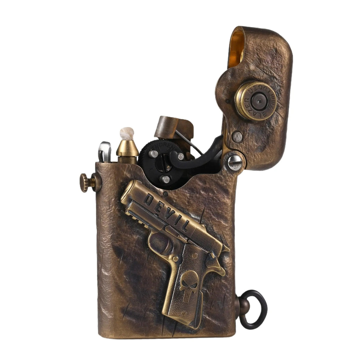 Open Thorens Gen 1 lighter showing internal single claw mechanism, hand-carved brass case with gun relief, and authentic battle marks.