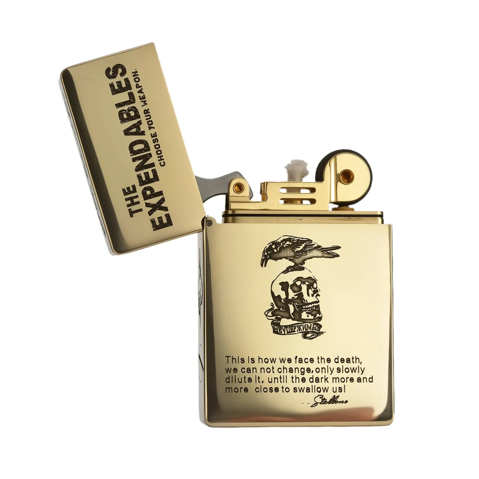 Bold Brass mechanical lighter Etched Skull Graphic Gift Design
