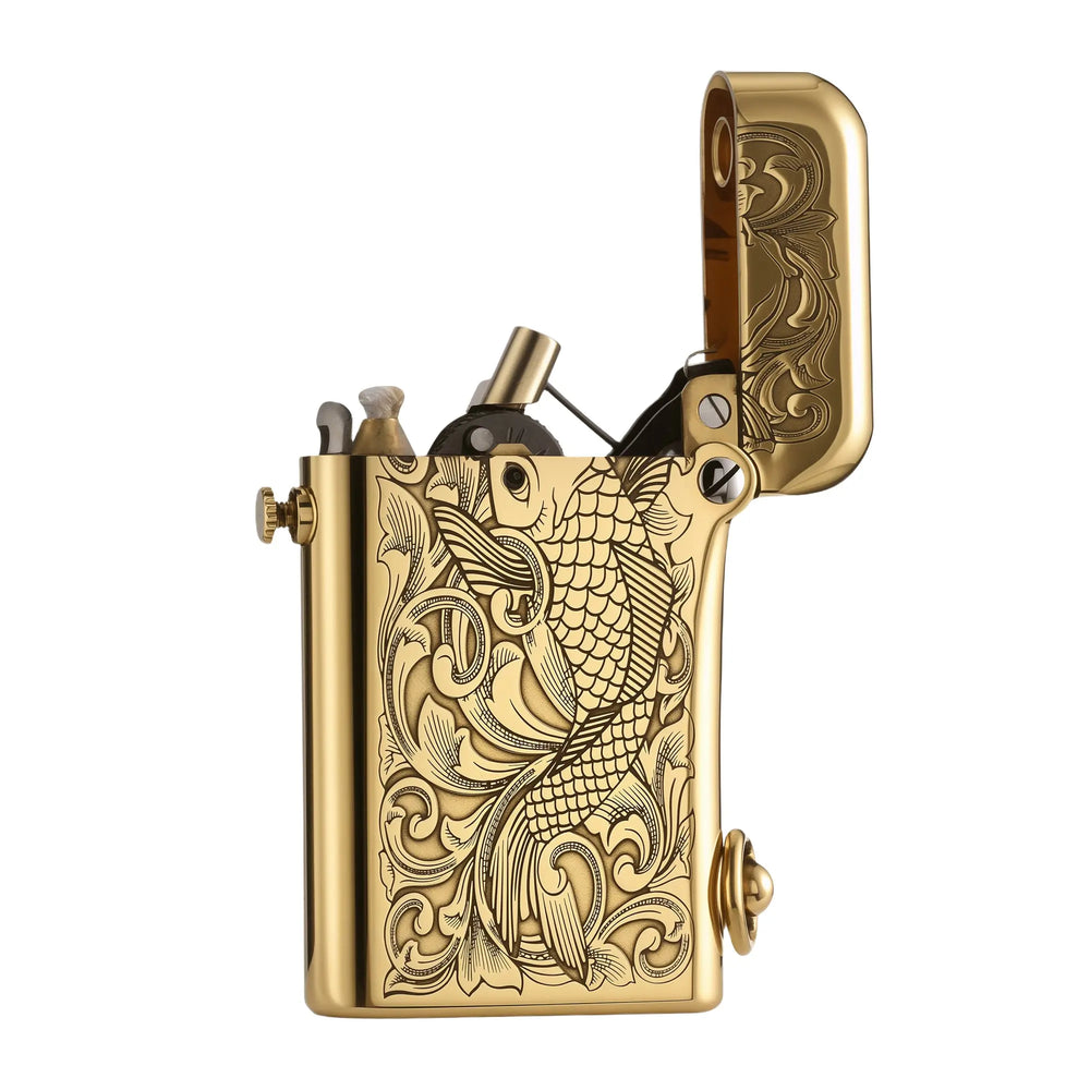 A Thorens Gen 2 double claw lighter shown in an open position, revealing the precision brass ignition mechanism and koi fish pattern.