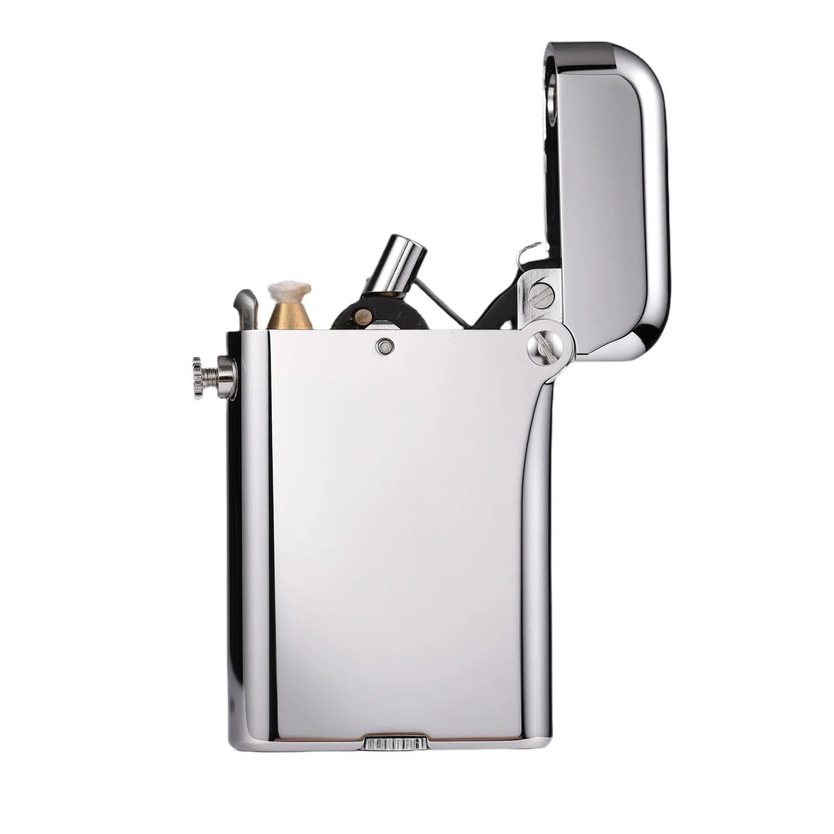 Studio shot of an open Thorens Gen 4 double-claw lighter in glossy silver, showcasing the upgraded dual-claw mechanism, brass wick housing, and high-mirror polished finish.