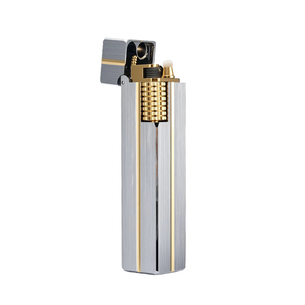 A vertical profile of the Side Slip Star Shine rectangular lighter with its lid open, showing the gold-plated internal mechanism, wick, and silver brushed finish.