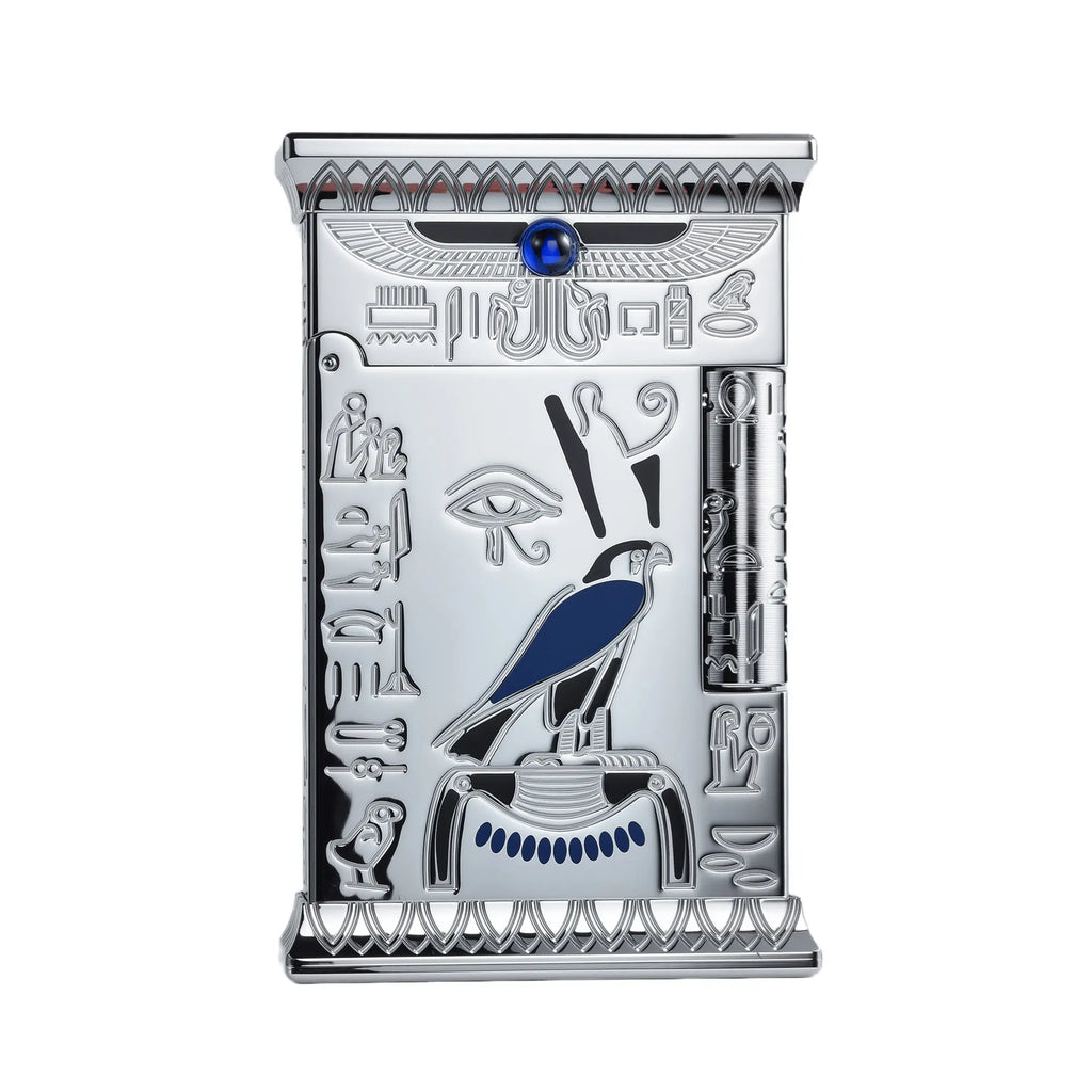 A silver Pharaoh's Light lighter featuring embossed Egyptian hieroglyphs, the Eye of Horus, and a blue falcon centerpiece against a polished chrome finish.