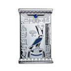 A silver Pharaoh's Light lighter featuring embossed Egyptian hieroglyphs, the Eye of Horus, and a blue falcon centerpiece against a polished chrome finish.