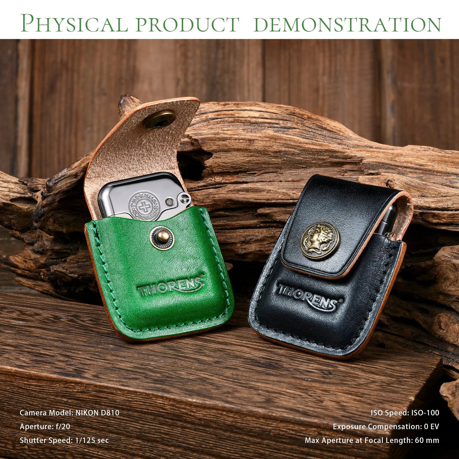 Two handcrafted leather lighter cases in emerald green and black displayed on a rustic wooden background, featuring antique brass buttons and embossed Thorens branding for a refined EDC aesthetic.