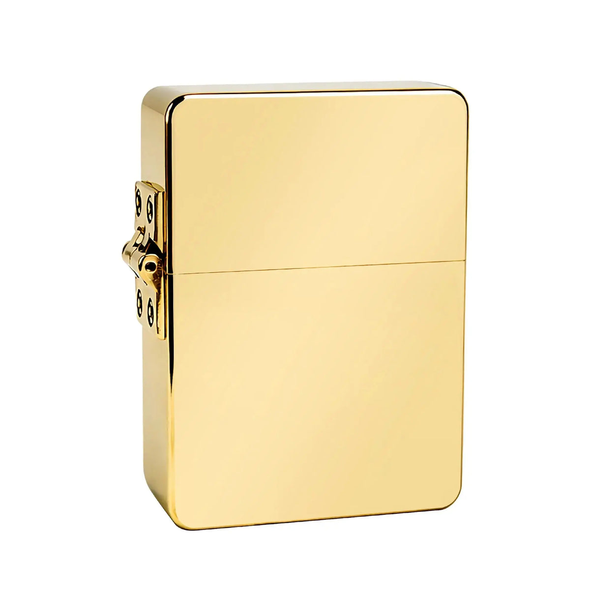 An isolated view of a gold-toned Armor lighter with a high-polish finish, emphasizing the seamless case design and the reinforced external hinge that distinguishes the Armor series from standard models.