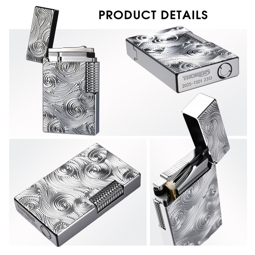 A multi-angle detail shot of the silver Thorens lighter, showcasing the open lid mechanism, the side slip roller, and the signature vortex engraved pattern on the brass body.