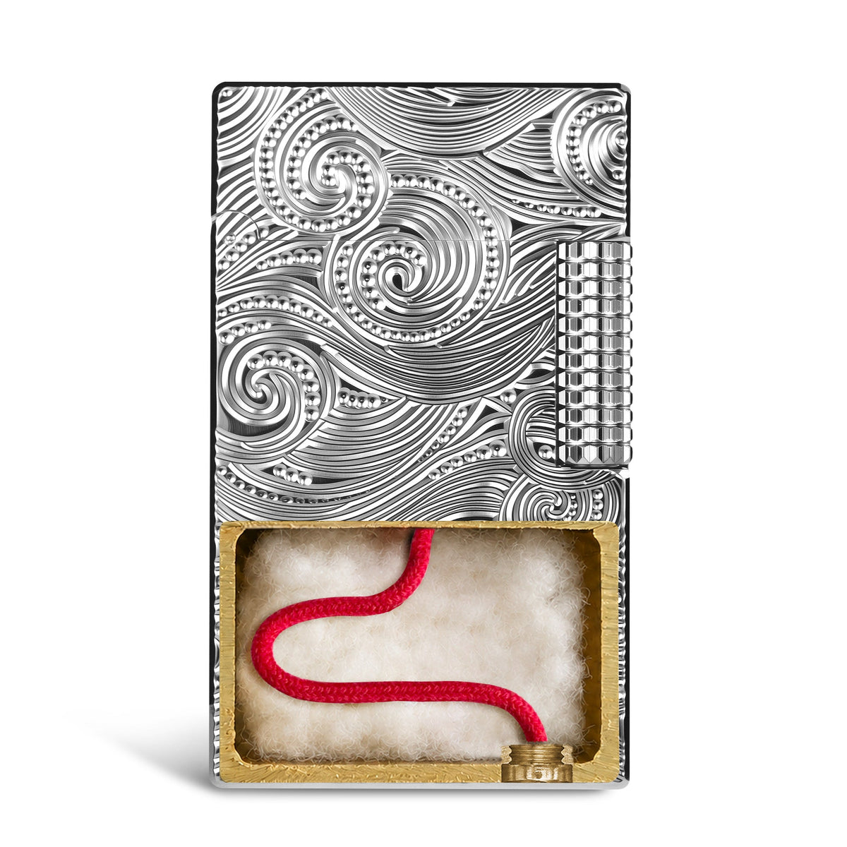 A multi-angle detail shot of the silver Thorens lighter, showcasing the open lid mechanism, the side slip roller, and the signature vortex engraved pattern on the brass body.
