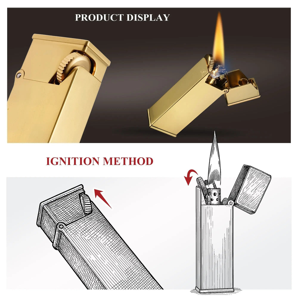 A combined graphic of the brass Long Fellow lighter ignited next to technical line drawings illustrating the inclined wheel mechanical ignition and flip-top cap movement.