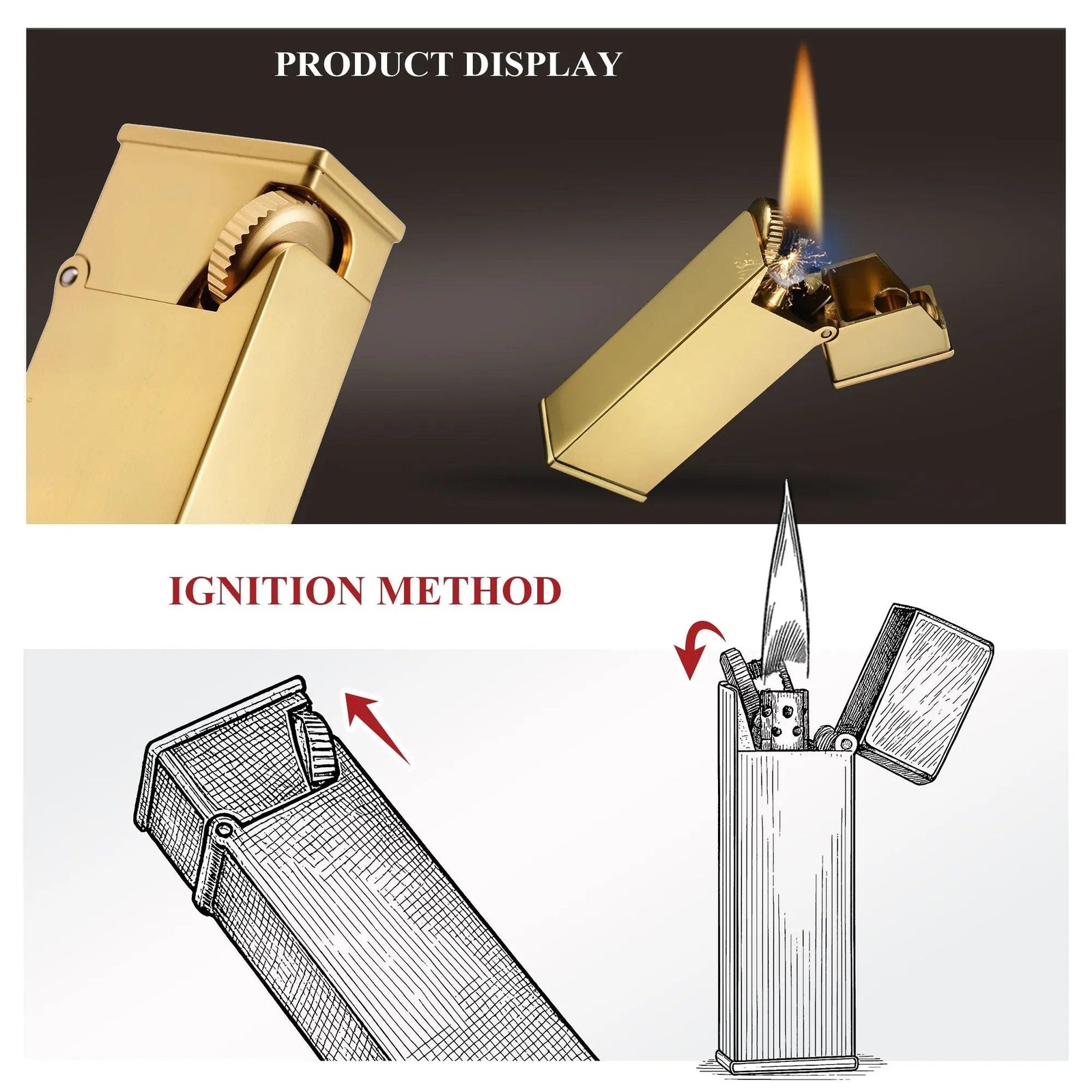 A combined graphic of the brass Long Fellow lighter ignited next to technical line drawings illustrating the inclined wheel mechanical ignition and flip-top cap movement.