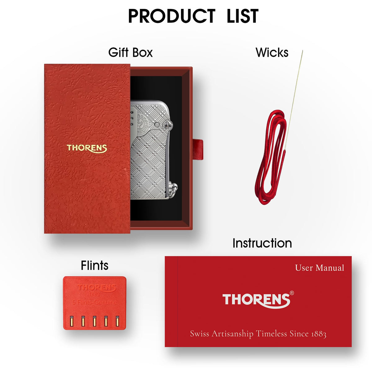 Product list image for the Thorens Gen 5 Single Claw Storm Starry Mesh lighter, showing the red gift box with lighter inside, replacement wick, spare flints, and red instruction manual on a light background