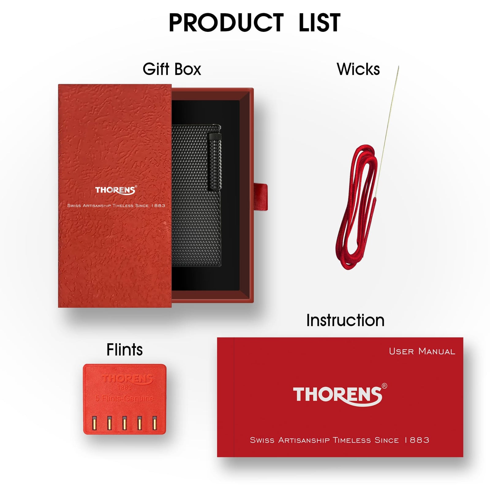 Product list image for the Thorens Slim Cube Black Mesh lighter showing the red gift box with lighter inside, replacement wick, spare flints, and red instruction manual on a light background