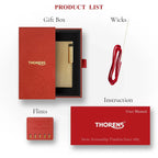 Product list image for the Thorens Slim Cube Golden Mesh lighter showing the red gift box with lighter inside, replacement wick, spare flints, and red instruction manual on a light background
