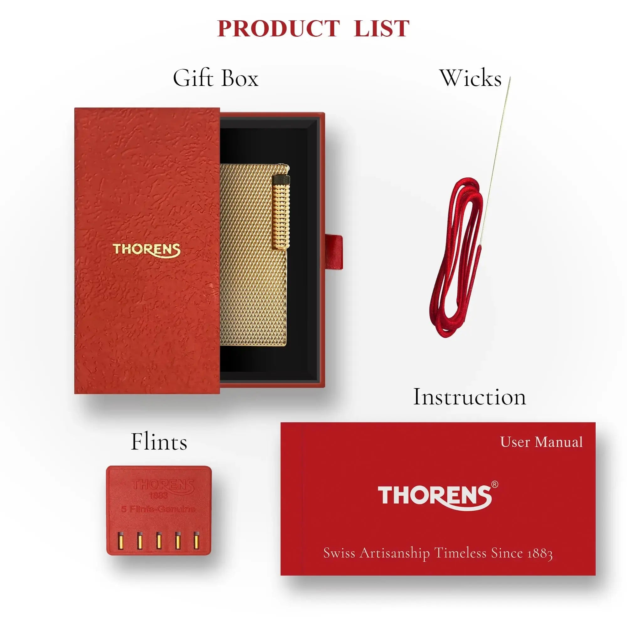 Product list image for the Thorens Slim Cube Golden Mesh lighter showing the red gift box with lighter inside, replacement wick, spare flints, and red instruction manual on a light background