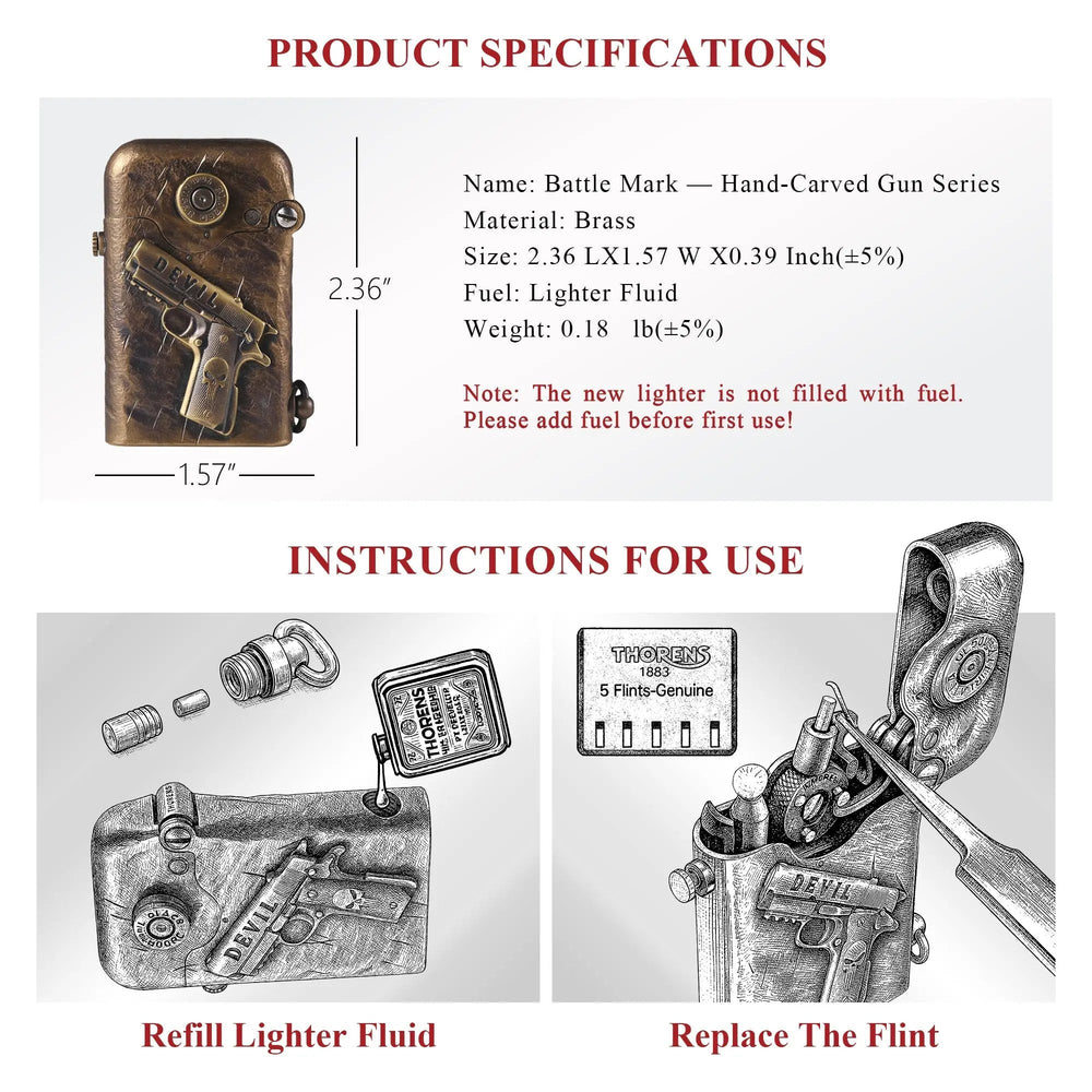 Technical chart showing Thorens Battle Mark dimensions and brass material alongside diagrams for refilling fuel and replacing the flint.