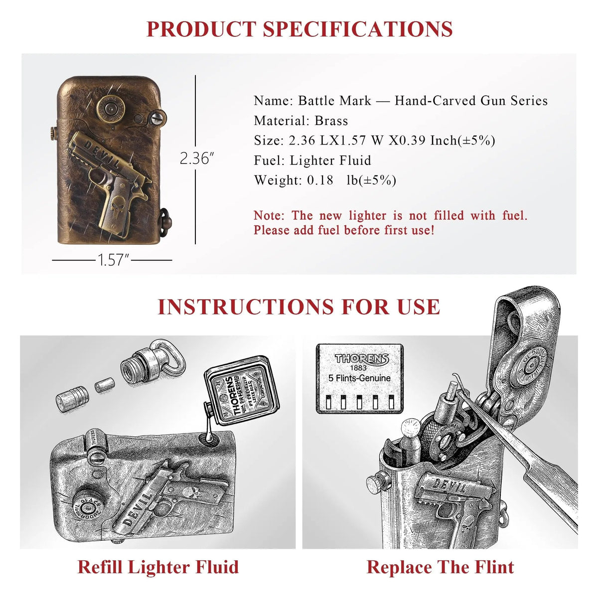Technical chart showing Thorens Battle Mark dimensions and brass material alongside diagrams for refilling fuel and replacing the flint.