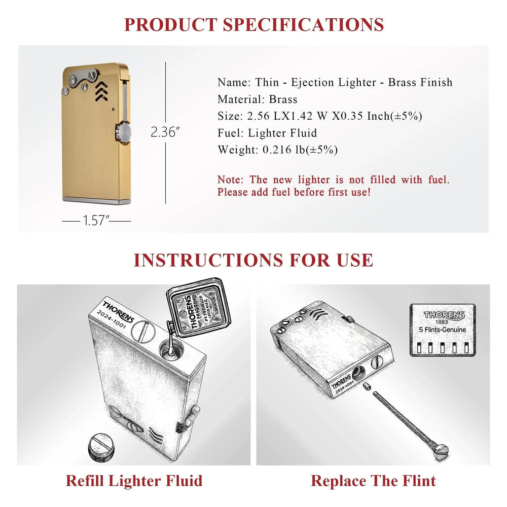 Technical chart for the Thorens Thin Ejection Lighter showing brass material specs and diagrams for refilling fuel and replacing flints.