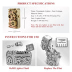 Technical data for the Thorens Steampunk Gear Linkage lighter, including a size of 2.36 x 1.57 inches and illustrated guides for refilling fluid and replacing the flint.