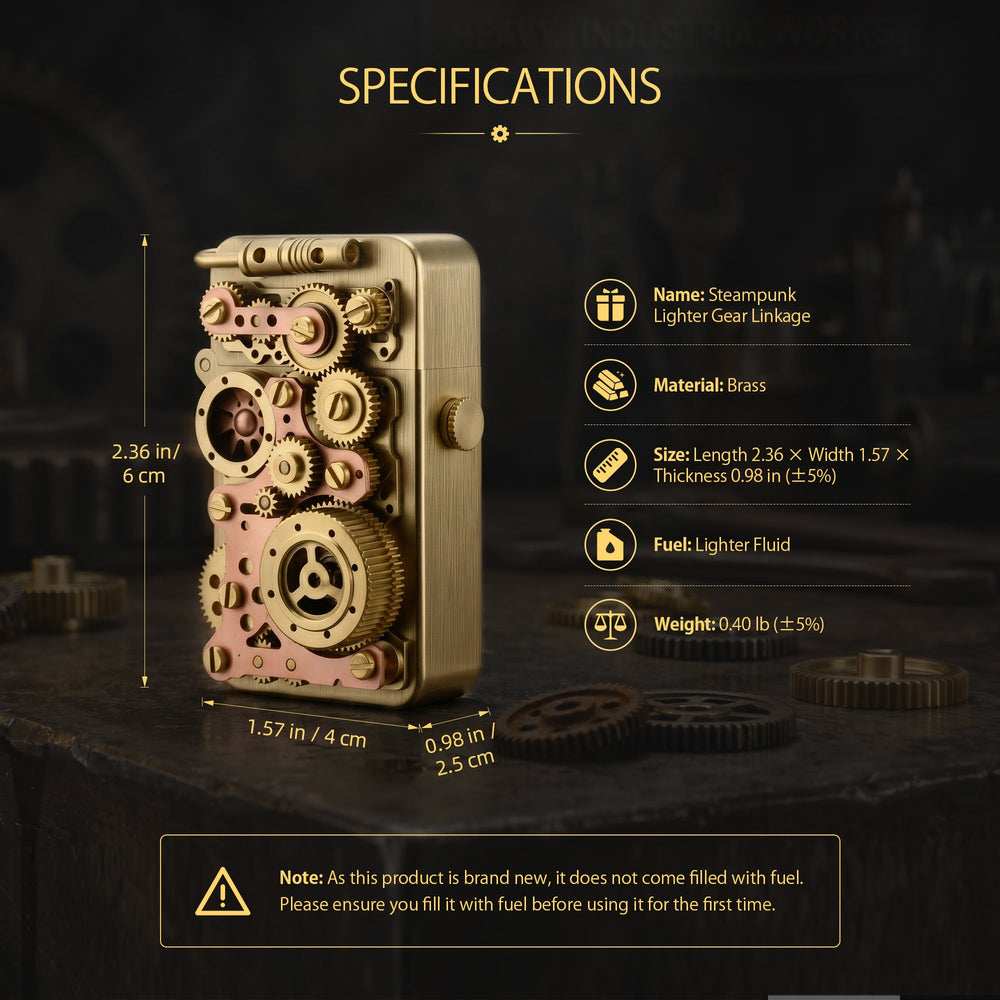 Technical data for the Thorens Steampunk Gear Linkage lighter, including a size of 2.36 x 1.57 inches and illustrated guides for refilling fluid and replacing the flint.