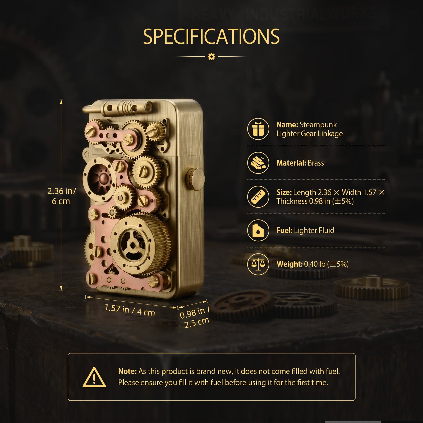 Technical data for the Thorens Steampunk Gear Linkage lighter, including a size of 2.36 x 1.57 inches and illustrated guides for refilling fluid and replacing the flint.